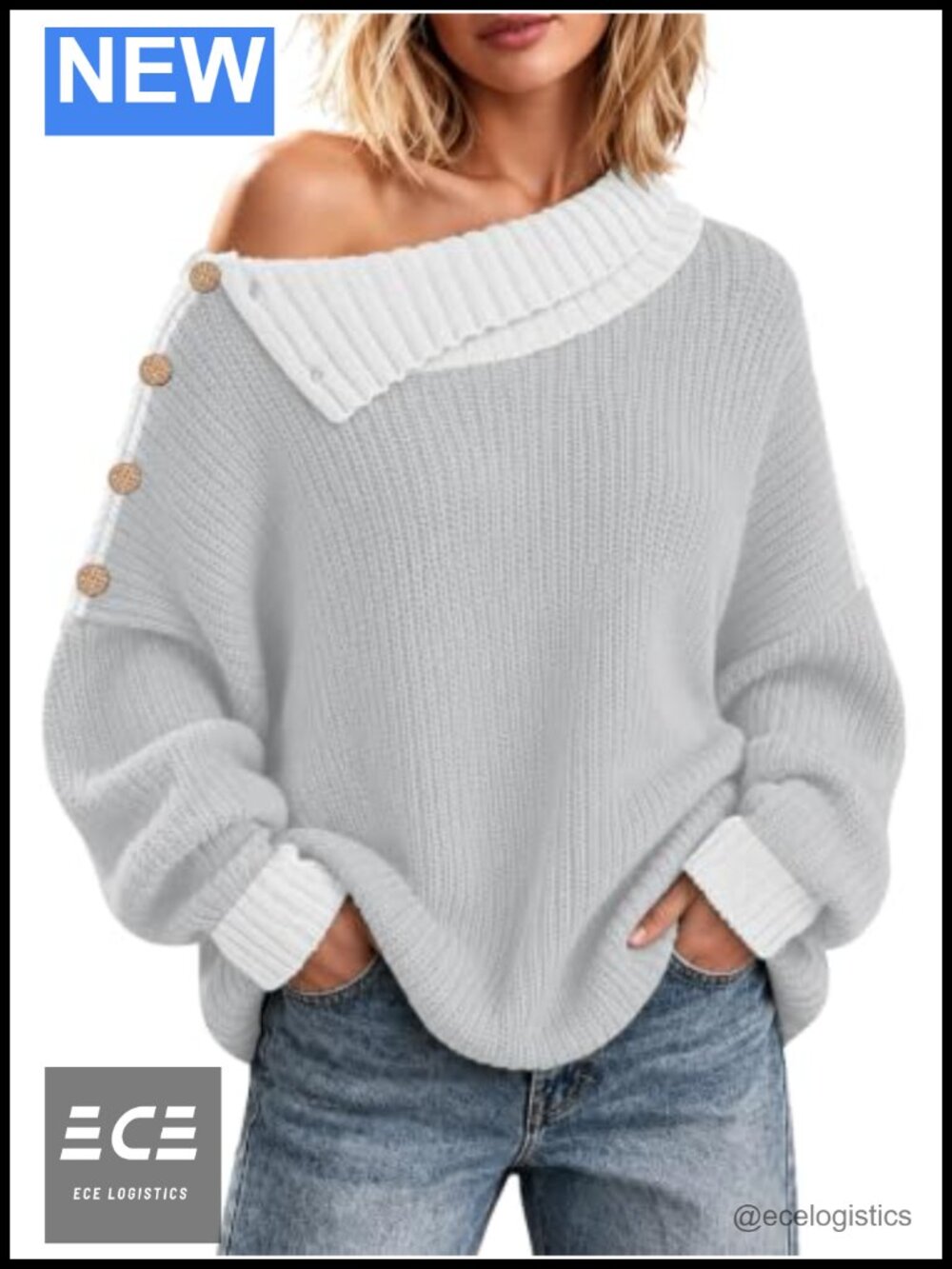 Oversized Off Shoulder Turtleneck Pullover Sweater Button Shoulder